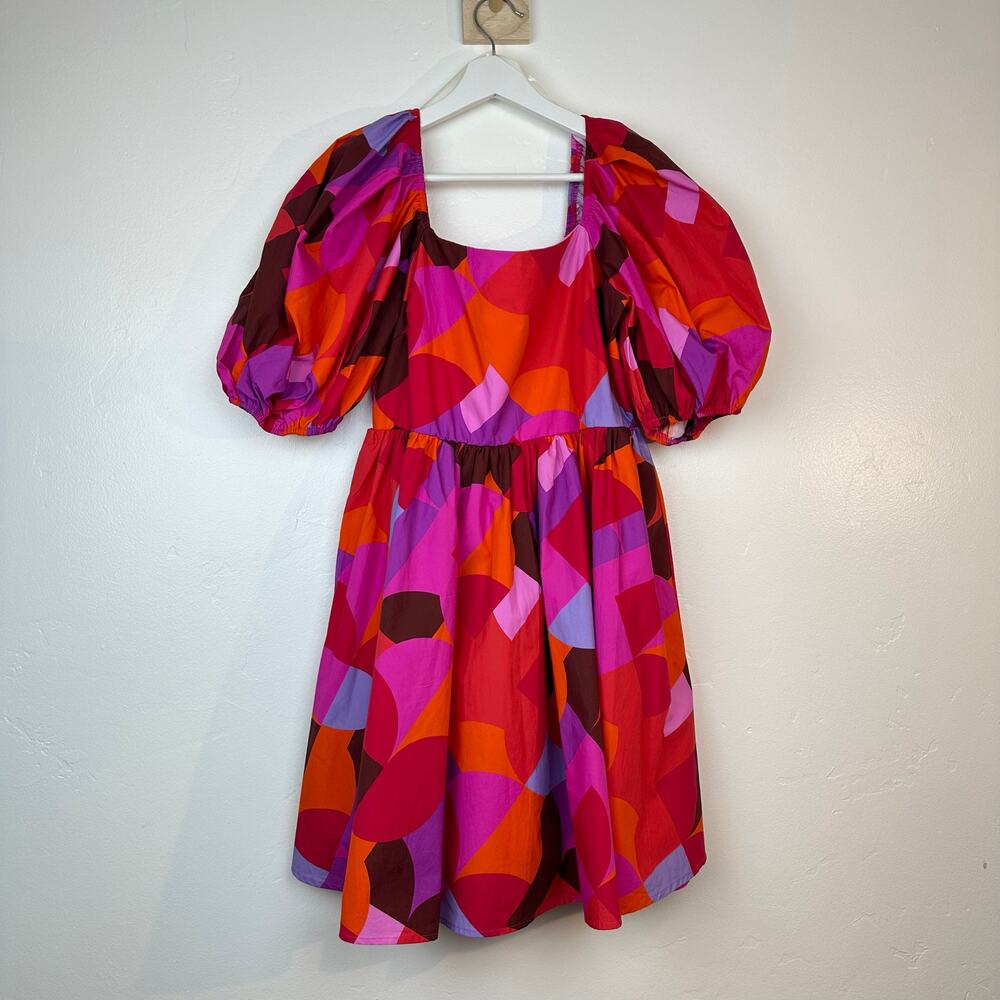 Peach Love Puff Sleeve Dress L Pink Orange Retro Print Square Neck Boho